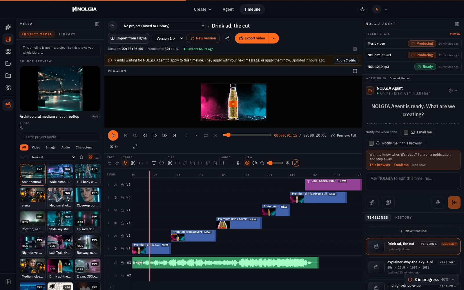 Studio on a desktop: the cut across five tracks with the music underneath