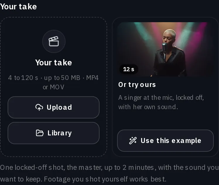 The empty Your take tile with its limits, 4 to 120 seconds, up to 50 MB, MP4 or MOV, the Upload and Library buttons, and Or try ours with a Use this example button