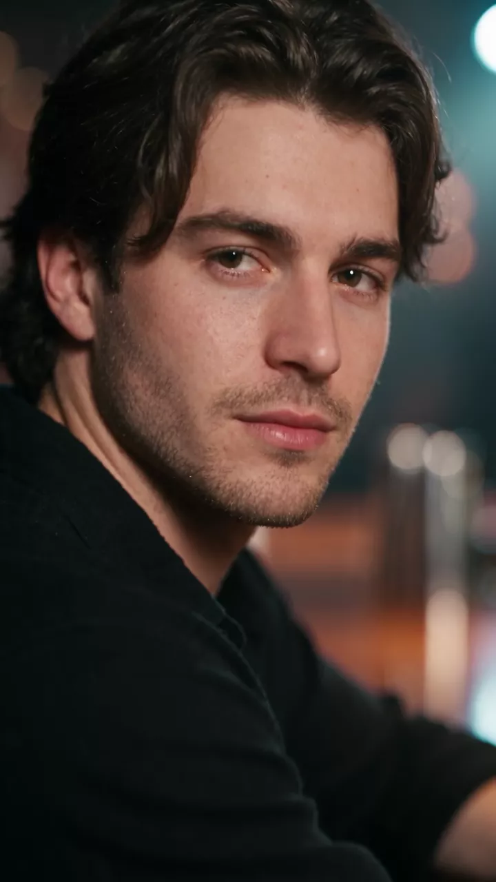 A hand opens a nightclub door onto a deep, dark room; far away a bartender pours a drink for a man at the bar; the view rushes in to a close-up of him as he turns and nods to the camera