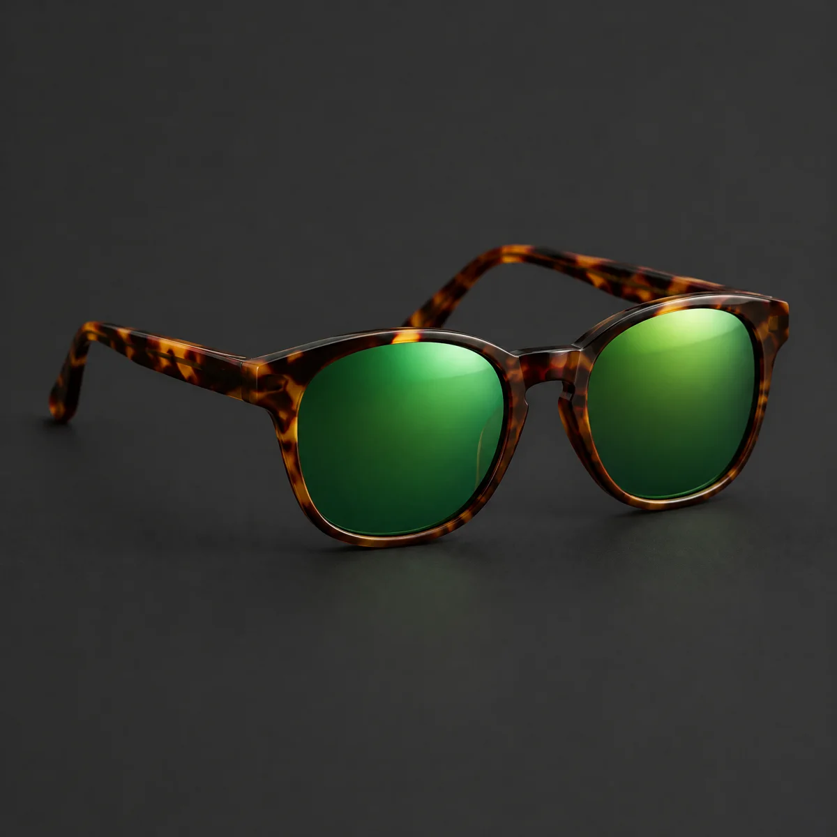 Product photo of the same sunglasses shape in tortoiseshell acetate with green mirrored lenses on dark grey
