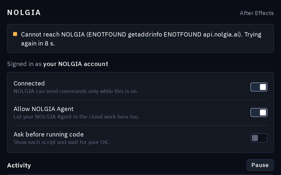 The NOLGIA panel while it cannot reach NOLGIA, saying it will try again.