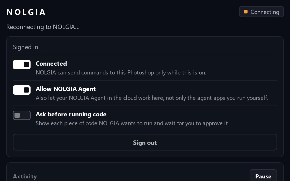 The NOLGIA panel while it cannot reach NOLGIA, saying it will try again.