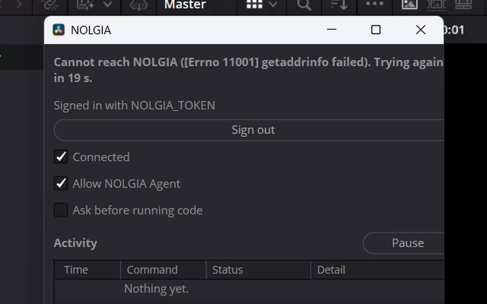 The NOLGIA window while it cannot reach NOLGIA, saying it will try again.