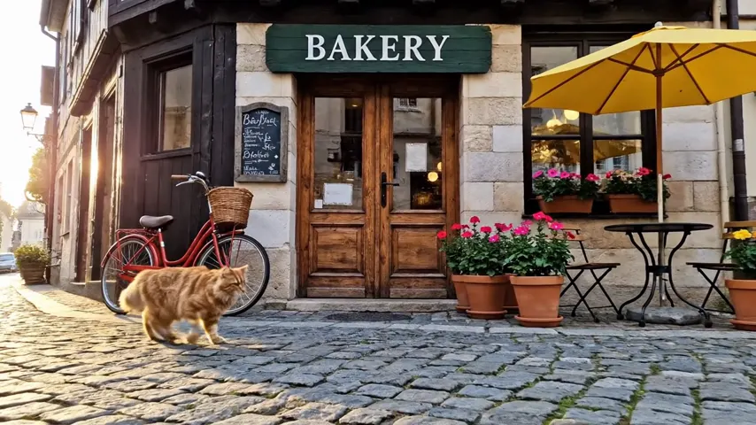A bakery storefront on a cobblestone street with a green BAKERY sign, a red bicycle, three potted plants, a yellow umbrella and a ginger cat walking past, rendered by Veo 3.1, run 2.