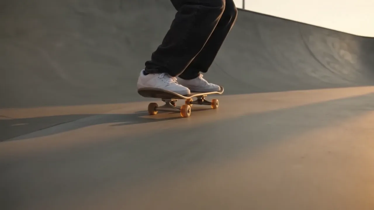 The weak take: the same concrete bowl and warm light, with a walnut longboard under the sneakers
