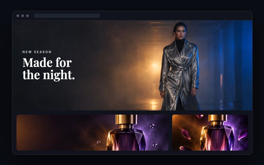 A browser frame around a fashion page made with NOLGIA media: a model in a liquid silver coat in amber haze, above a fragrance banner and a product card.