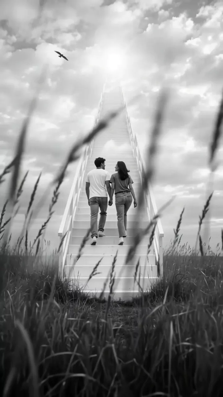 The same staircase prompt run on Wan 3.0: a couple climbs glowing white steps through tall grass toward bright clouds