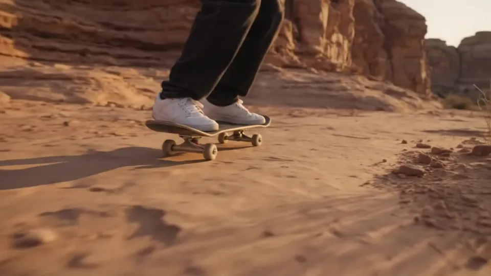 The New world result: the same jeans, sneakers and skateboard riding across dusty orange ground in a red sandstone canyon at sunset