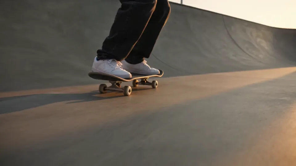 The source clip: low angle on black jeans and white sneakers riding a skateboard across a concrete bowl